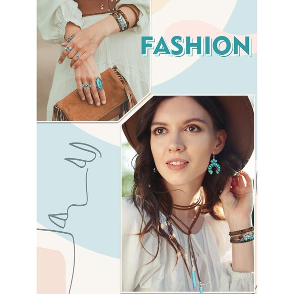 15 pcs Women's Jewelry Set Turquoise Necklace Earrings Bracelets Rings - Picture 6 of 7